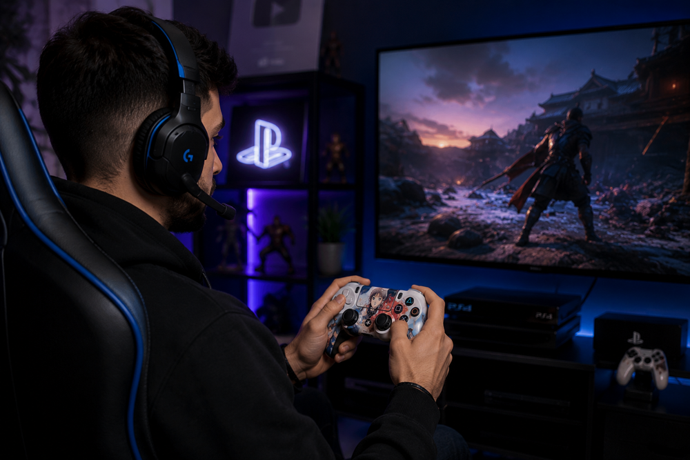 دسته بازی سونی SONY DUALSHOCK PS4 طرح انیمه در حال استفاده توسط گیمر در